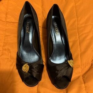 Black Satin Heels with Gold Accent